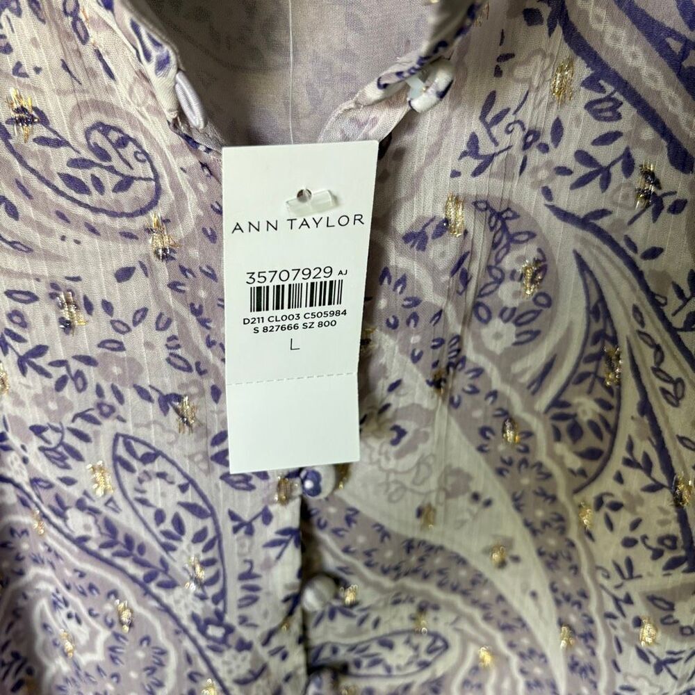 NEW Ann Taylor Purple Paisley Metallic Gold Button Down Tie Blouse Size L Boho - Picture 6 of 7